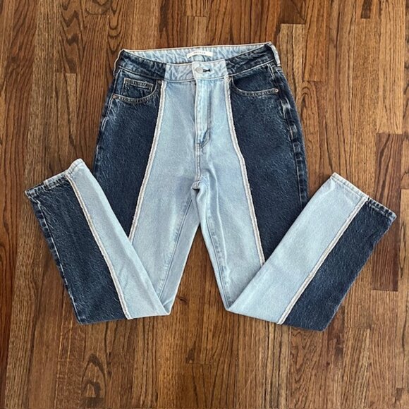 Pacsun Womens Mom Jeans Two Tone Cut and Sew Frayed High Rise Tapered Size 26 - Picture 1 of 6